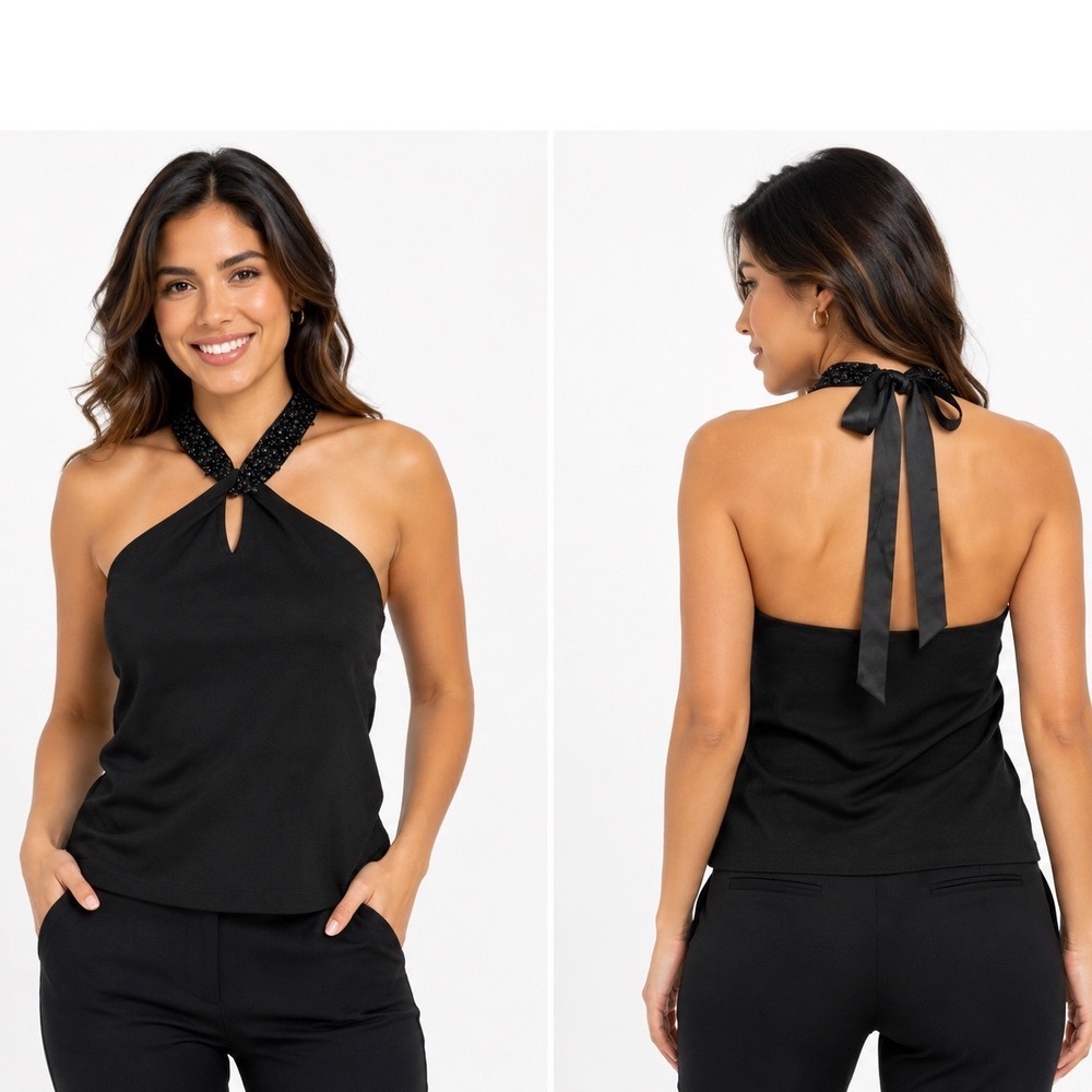 Ann Taylor Black‎ Beaded Halter Top Silk Blend Keyhole Ribbon Tie Neck M 105-26